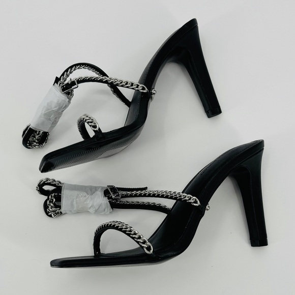 Rebecca Minkoff Edie Chain Strappy Black Heels Size 7.5 Leather Square Toe - Picture 5 of 11